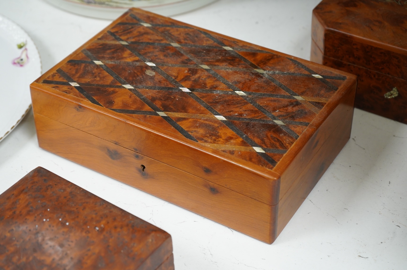 A collection of assorted 20th century yew wood boxes